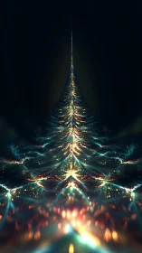 Glowing fractal spire rising in a dark abstract space.