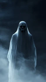 Midnight ghostly figure rises gently from swirling silver fog