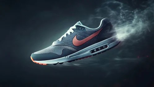 Sport running shoe floats in dynamic smoky motion blur