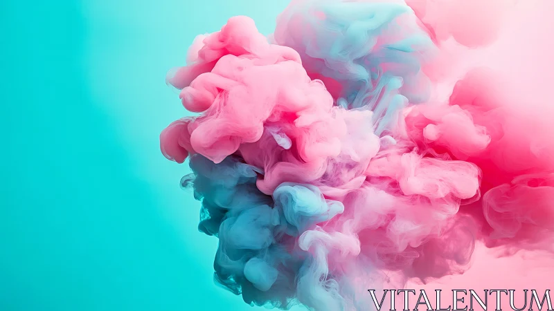 Pink and cyan ink clouds suspended in clear liquid medium.