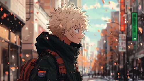 Spiky-haired wanderer studies autumn streets like quiet sparks