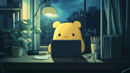 Cute bear character works late at cozy night desk scene.