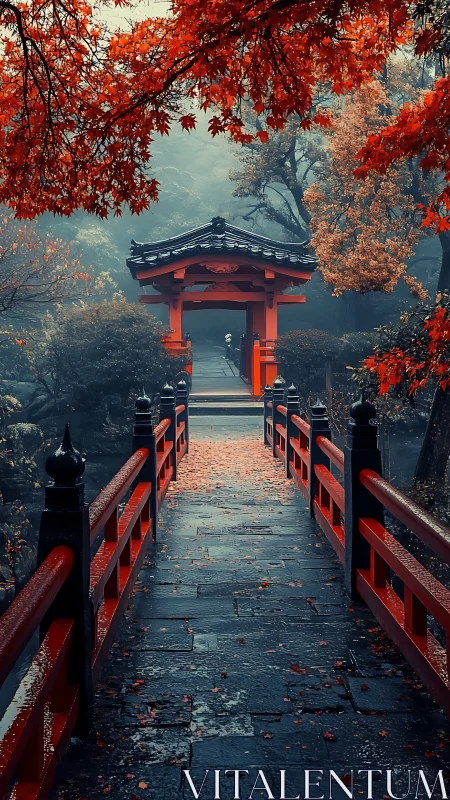 Red torii bridge leads into a misty Japanese autumn garden