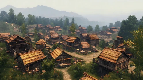 Medieval wooden village with thatched roofs sits in valley