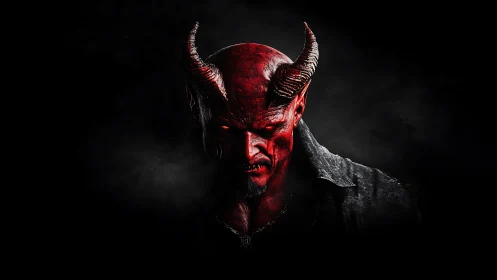Red horned fiend studies the darkness like a patient storm