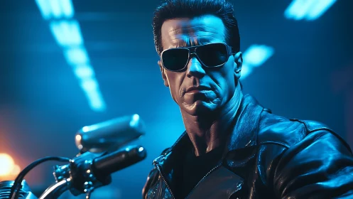 Chrome knight in leather, cruising the neon tunnel dusk.