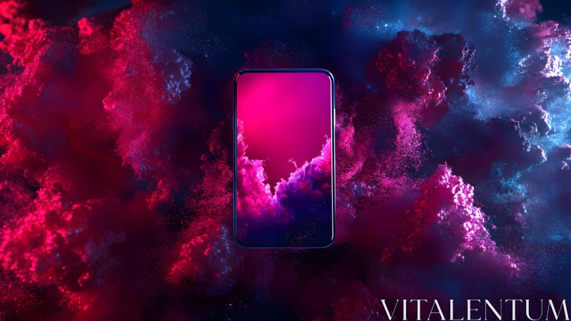 Futuristic smartphone in vibrant neon clouds, digital art style.