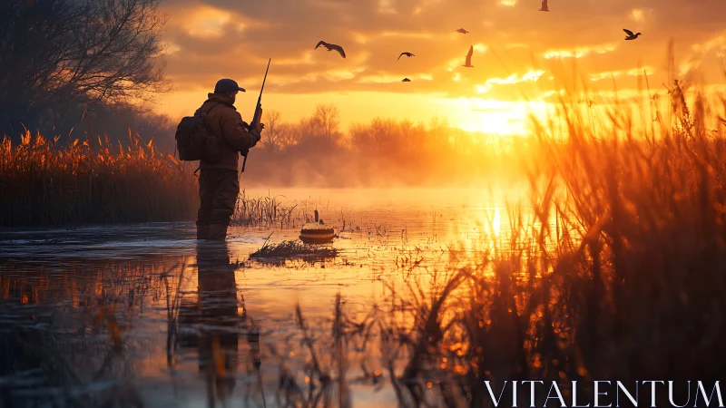 Sunlit waterfowl hunter in misty marsh at golden sunrise.