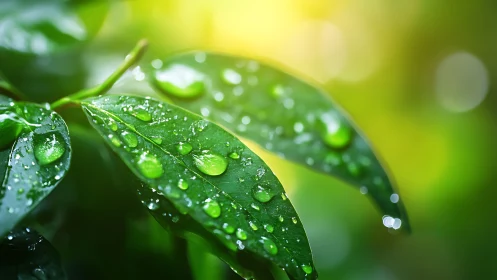 Macro leaf study with luminous morning dew highlights.