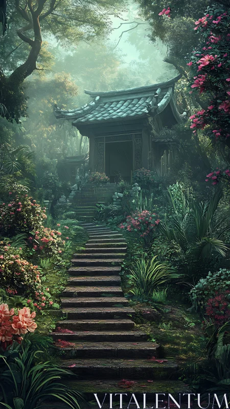 Stone stairway to secluded shrine in lush misty garden.