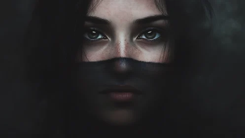 Veiled gaze emerges from shadowed darkness in close portrait.