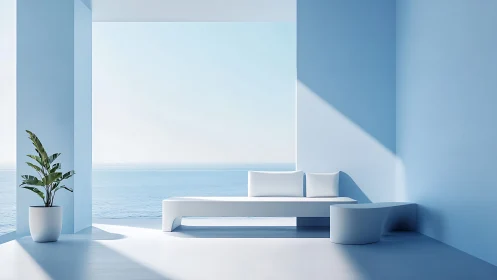 Minimalist Coastal Terrace with Modern White Furniture Design.