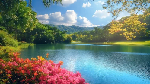 Tropical lake landscape under bright summer daylight.