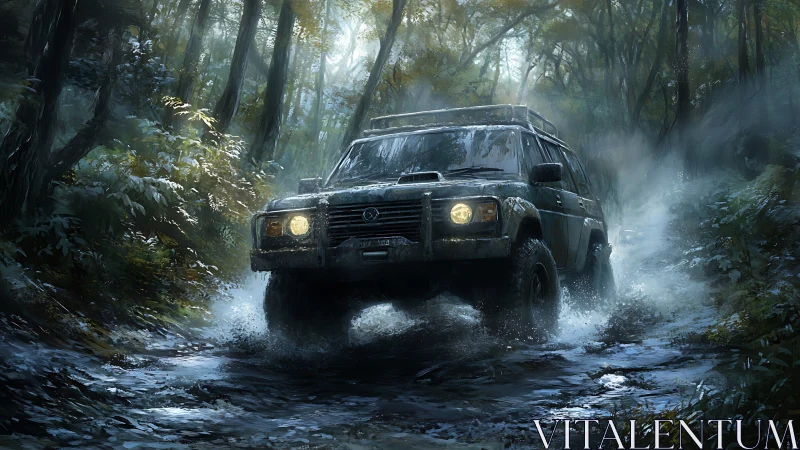 Off-road vehicle moves through wet forest trail at dusk