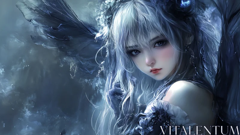 Moonlit silver-haired fairy gazes through ethereal blue mist.