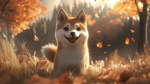 Smiling shiba inu dog sits in warm autumn forest meadow.
