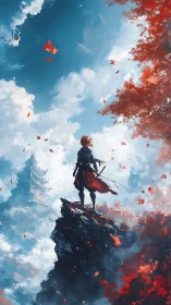 Lone warrior surveys a crimson autumn sky from high cliffs