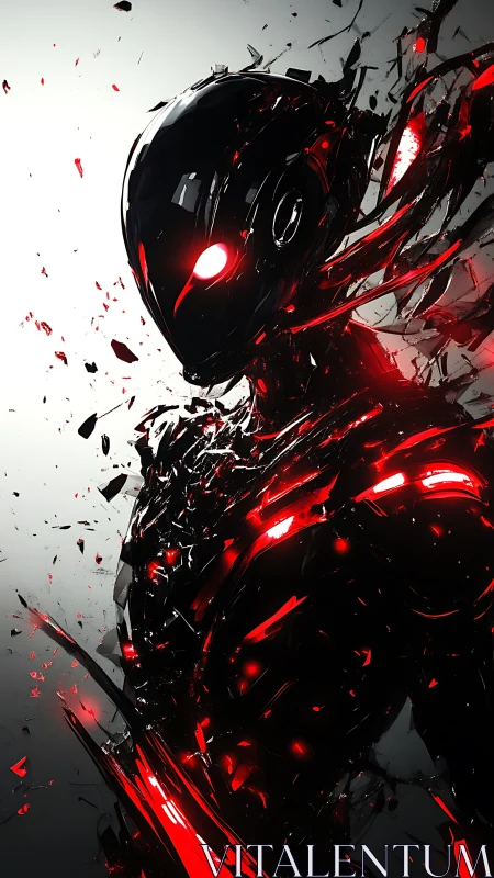 Shattered black cybernetic entity with emissive red energy shards