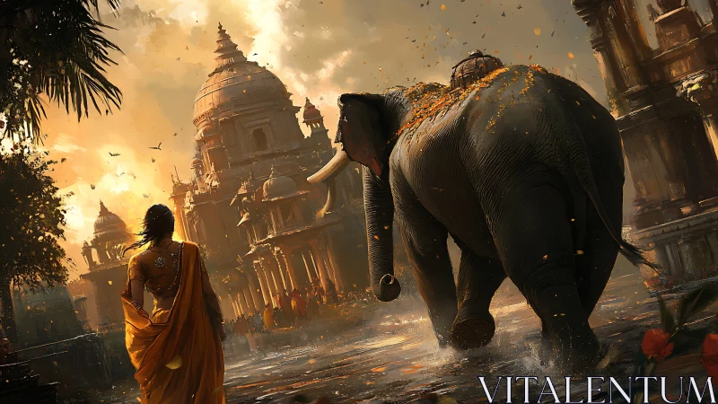 Golden procession with temple elephant under festival sky.