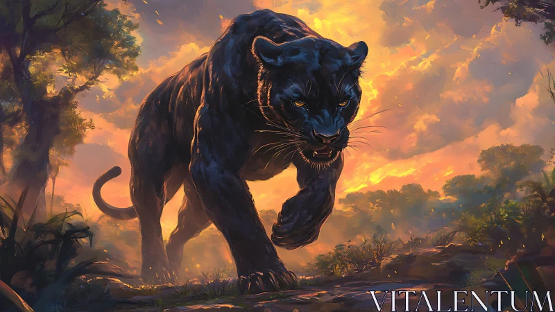Black Panther Prowls Through Fiery Sunset Jungle