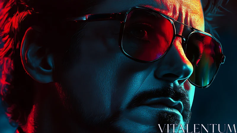 Neon reflections sharpen a brooding gaze behind red lenses