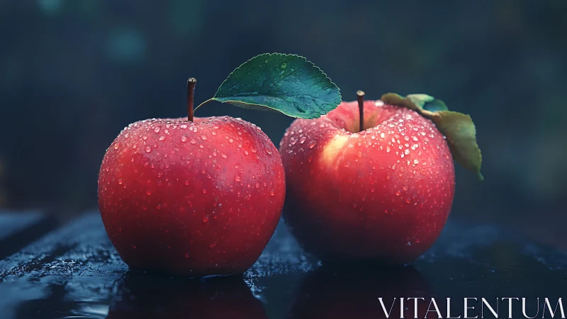Rain-kissed red apples resting in quiet evening light.