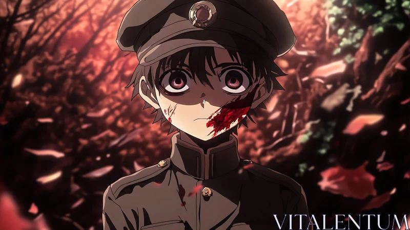 Bloody soldier stares through shattered autumn battlefield dusk.