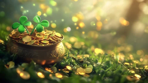 Shamrock-kissed pot of gold gleaming in enchanted sunlight.