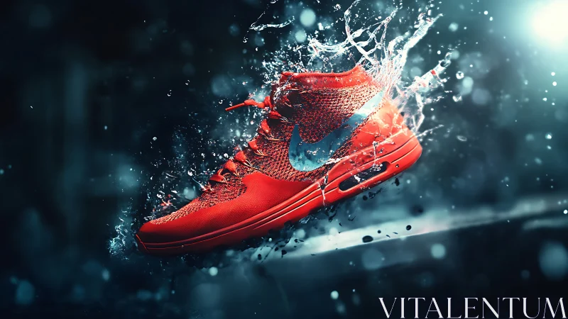 Electric red running shoe splashing through liquid light.