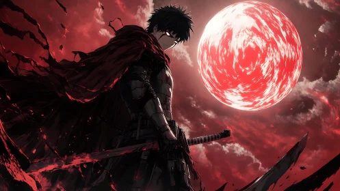 Dark swordsman under blood-red moon in dramatic anime composition.