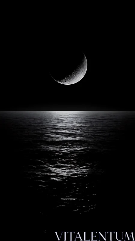 Crescent moon illuminating calm rippled ocean surface.