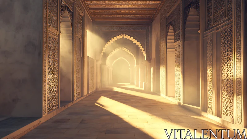 Sunlit Islamic arcade with ornate lattice arches at dawn.