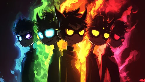 Cel-shaded neon avatars stand in elemental chromatic flames