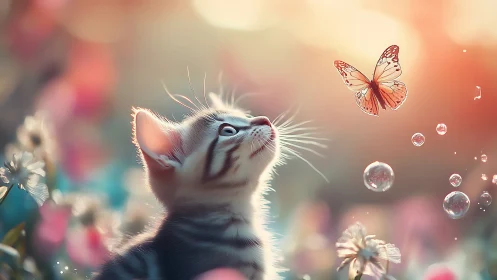 White Kitten Watches Butterfly Among Blooming Flowers.