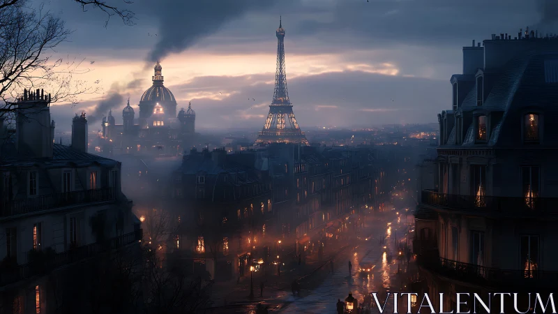 Nocturnal Parisian boulevard under atmospheric volumetric haze.