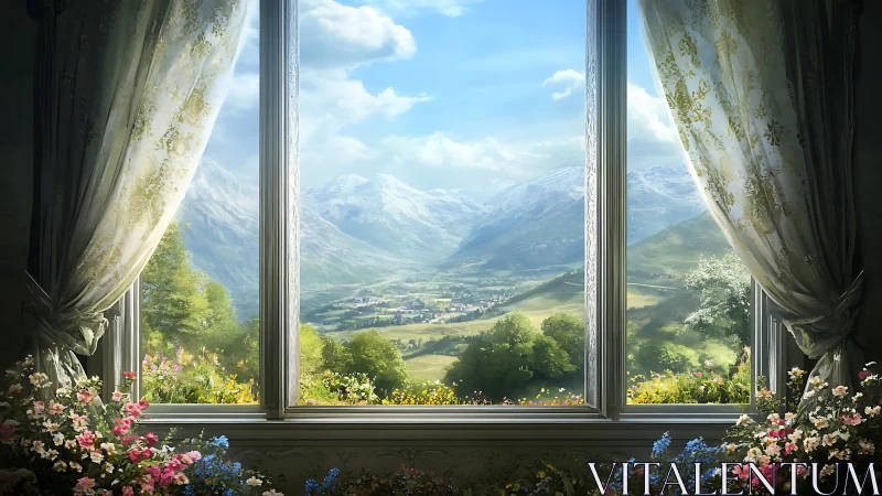 Interior window framing distant mountain valley landscape.