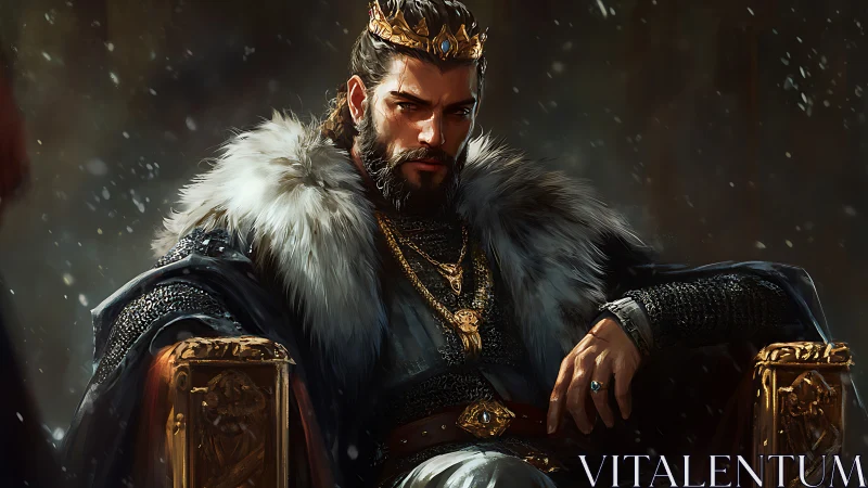 Regal bearded king on gilded throne in fur trimmed cloak