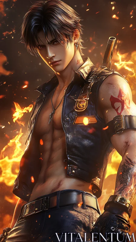 Shirtless anime swordsman stands in front of intense flames