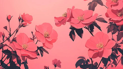 Coral Blooms Against Monochromatic Sky with Layered Botanical Composition