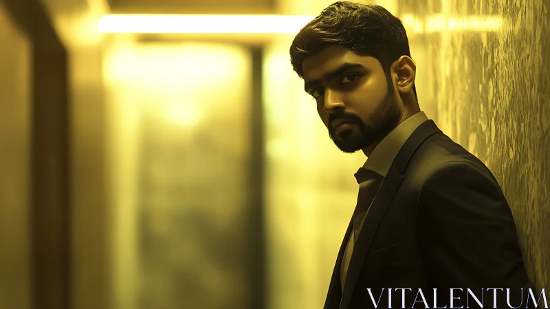 Cinematic low-key portrait in narrow golden corridor lighting.