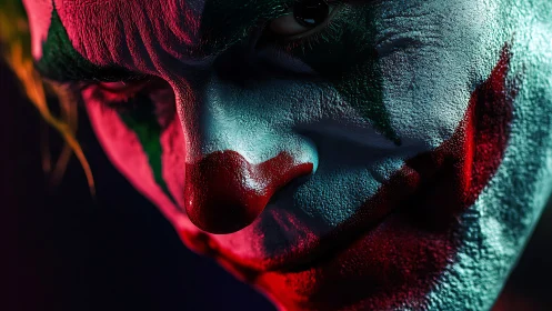 Photorealistic sinister clown close-up with cinematic lighting.