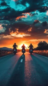 Three motorcyclists ride toward horizon at vivid sunset