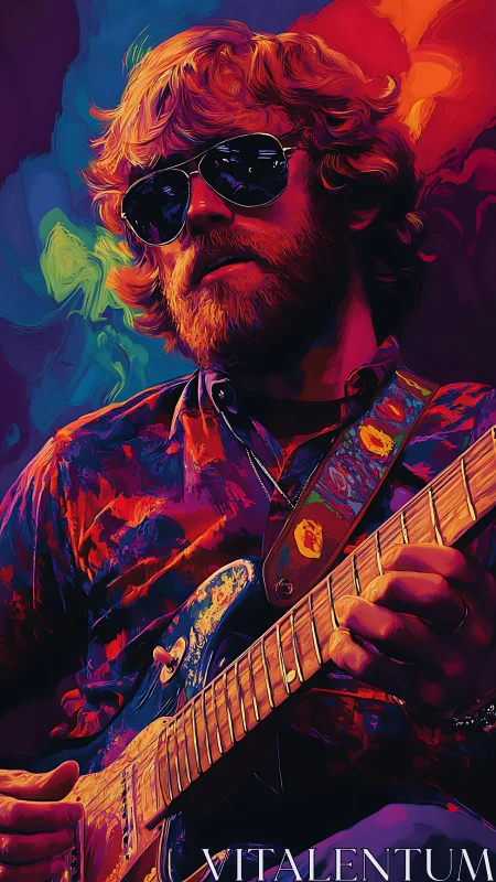 Digital painting portrait of guitarist in neon chromatic palette.