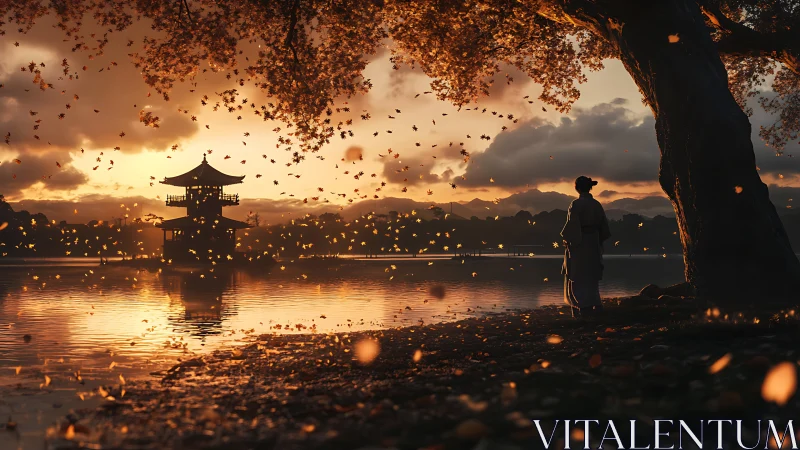 Autumnal lakeside pagoda at sunset with robed figure observing.