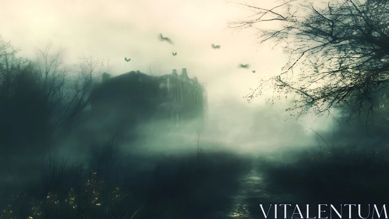 Foggy abandoned mansion in overgrown wetland landscape.