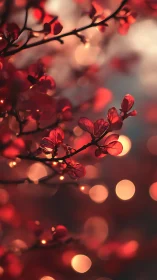 Red foliage is shown in shallow focus against circular bokeh