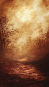 Sunlit forest path under dense bronze-toned sky. Period.