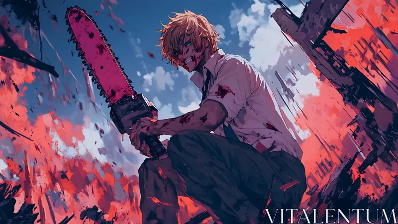 Bloodied blond fighter crouching with chainsaw weapon.