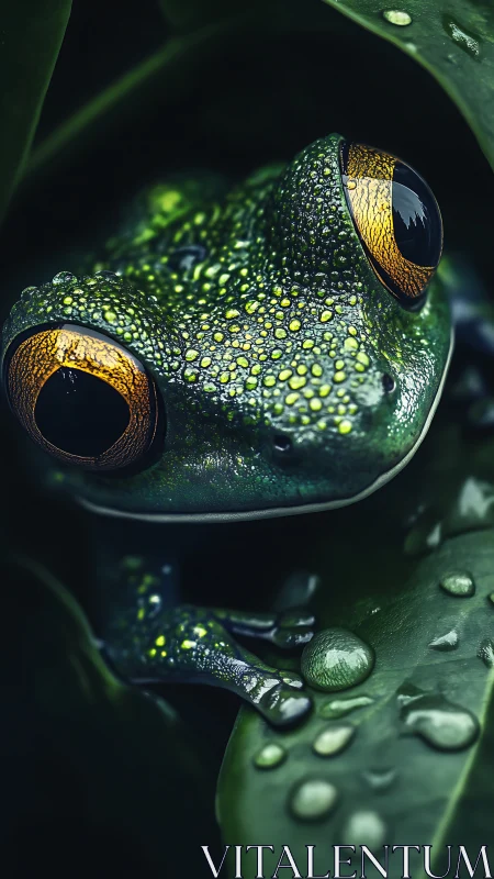 Emerald tree frog macro with luminous golden eyes.