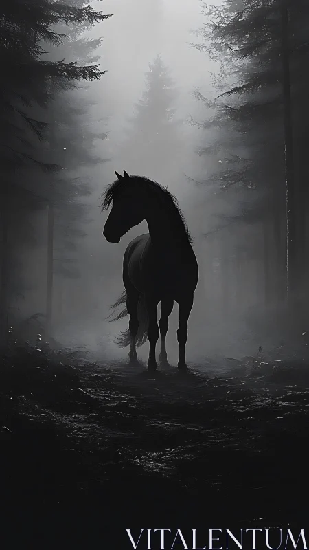 Silhouetted horse stands in a mist-filled conifer forest
